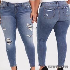 Torrid Stretch Medium Wash Distressed Skinny Jeans - Plaid Inserts - Plus Sz 26R